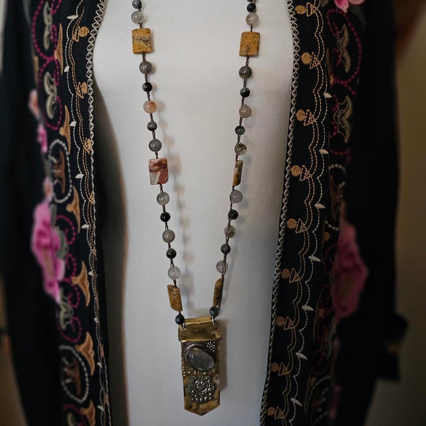 Women's Grounding Grey and Yellow Handmade Beaded Necklace