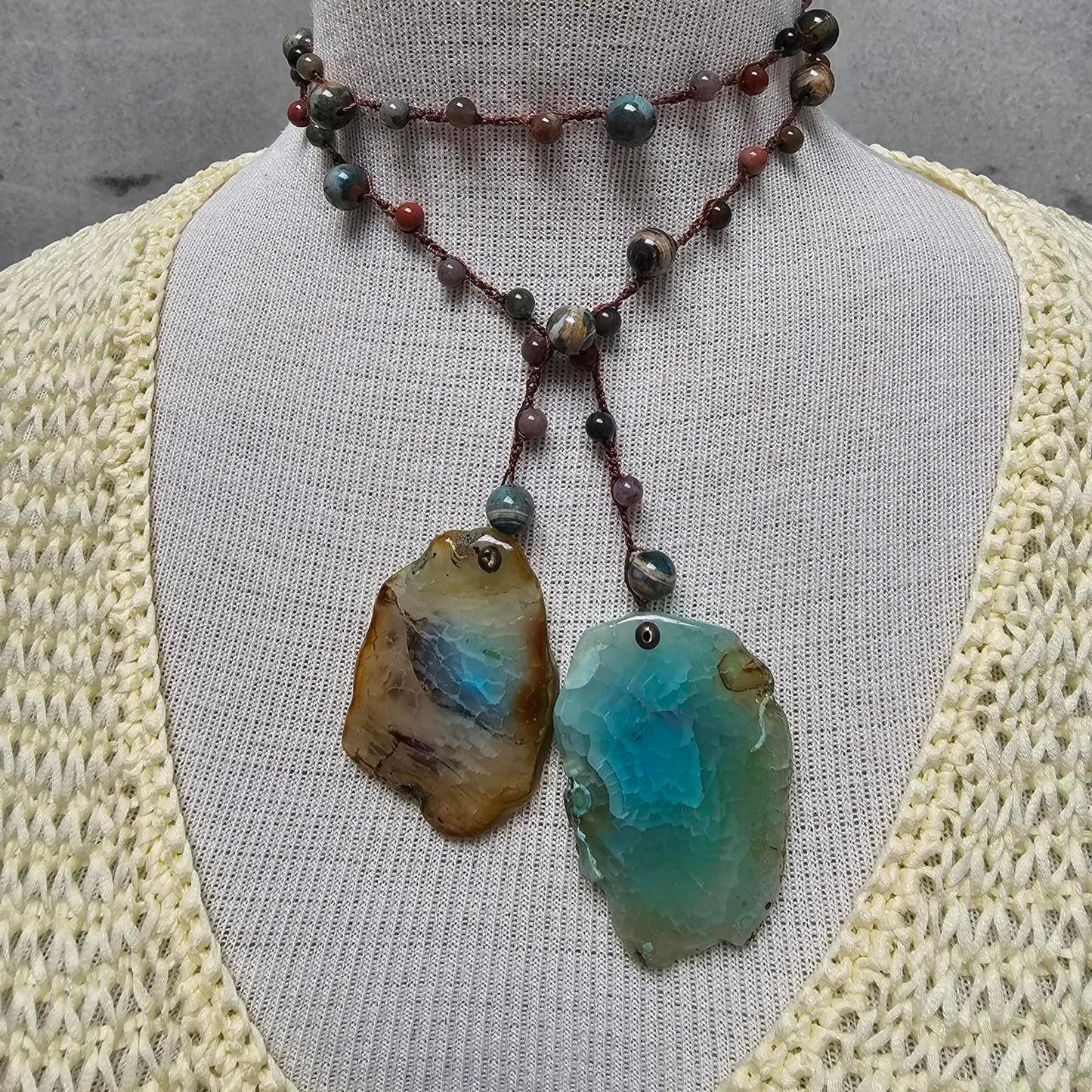 Women's Ocean Jasper & Blue Agate Lariat-Style Beaded Necklace