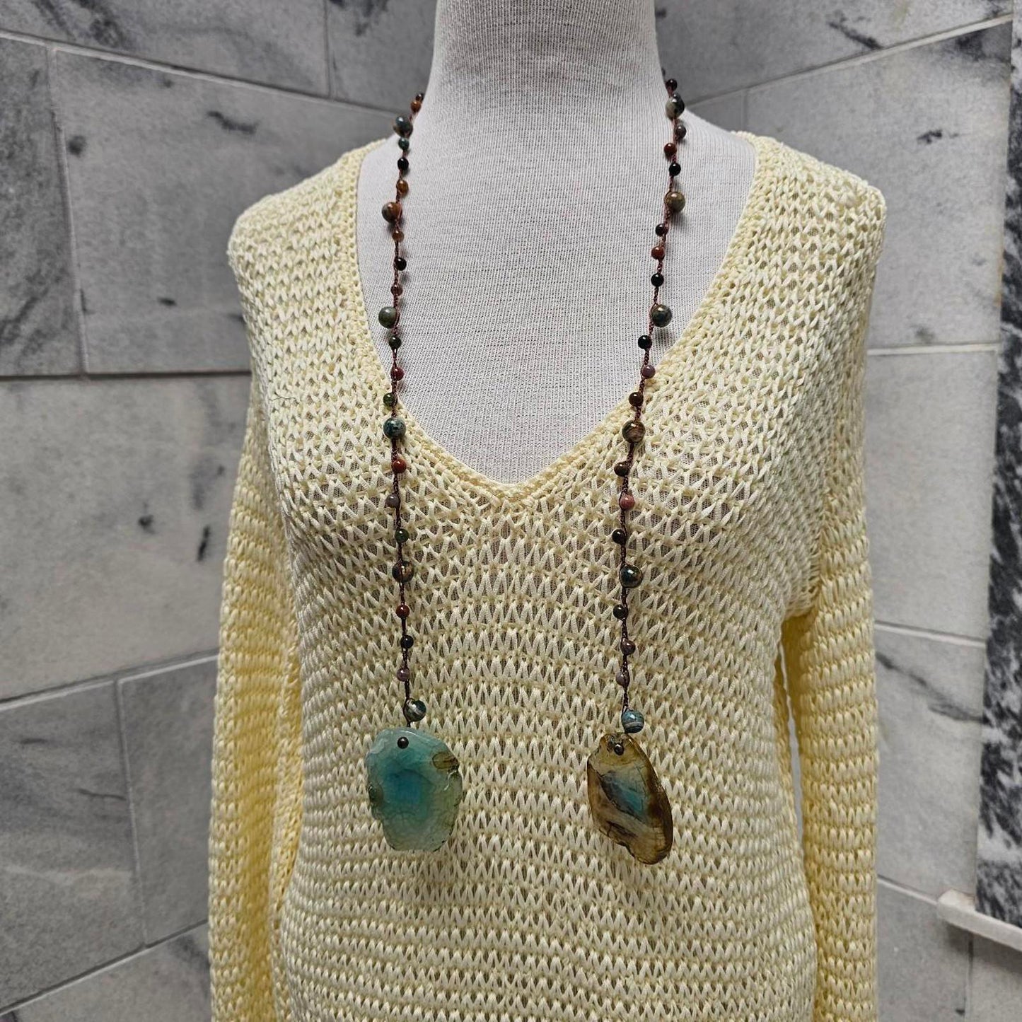 Women's Ocean Jasper & Blue Agate Lariat-Style Beaded Necklace