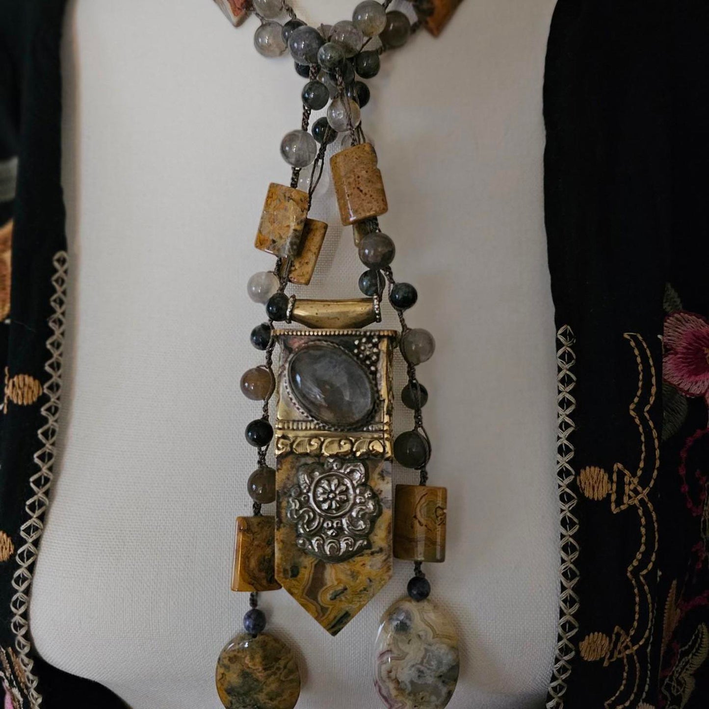 Women's Grounding Grey and Yellow Handmade Beaded Necklace