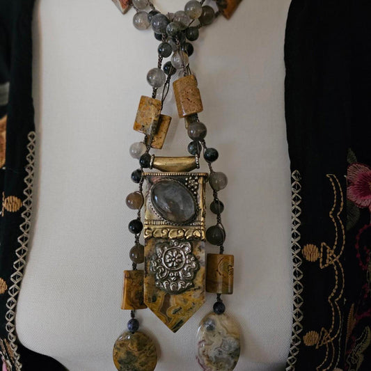 Women's Grounding Grey and Yellow Handmade Beaded Necklace