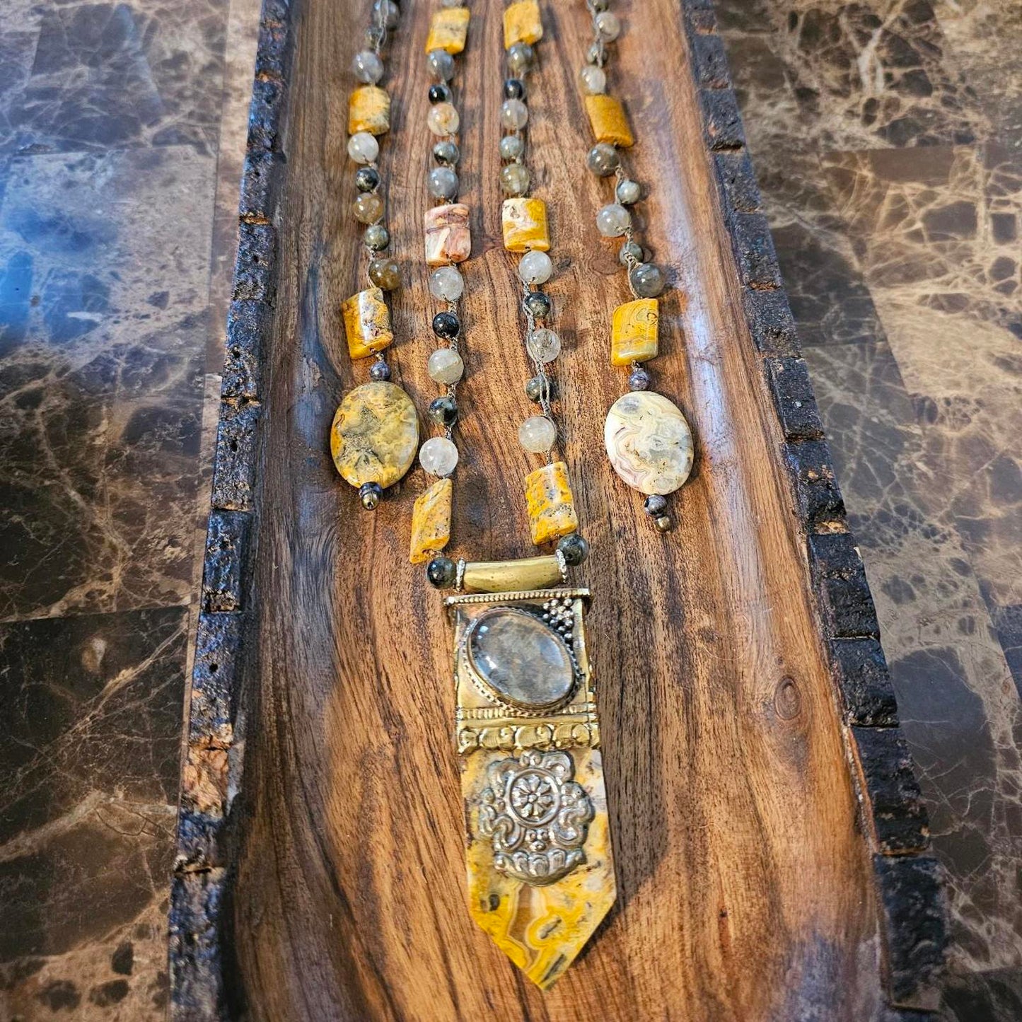Women's Grounding Grey and Yellow Handmade Beaded Necklace